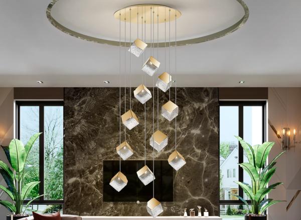 Lampara PRISCILA 12 luces - Schuller. Tonalidades Cromo y Oro